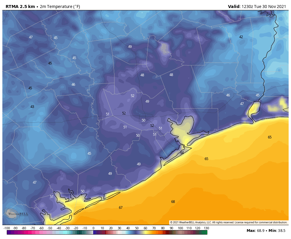 SpaceCityWX's tweet photo. Temperatures have generally fallen into the 40s across the region this morning, and this has brought them down near dewpoints. Parts of Houston, therefore, are experiencing radiation fog. It should soon burn off. 

https://t.co/JSjNh9fnyG https://t.co/LqzXxyWMXl