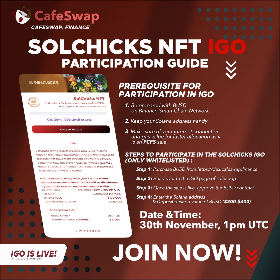 The IGO of #SolChicks, the leading #NFT powered fantasy #PlayToEarn game, is OPEN.

🚀 Join at : cafeswap.finance/ico