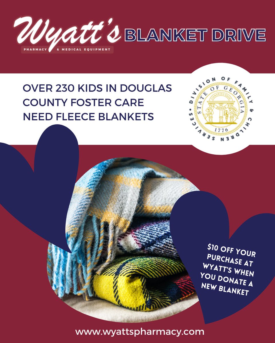 Today is the last day to donate blankets to our blanket drive with Douglas County Foster Care! Head to the store today to drop off your new fleece blankets and receive $10 off of your purchase at Wyatt's!

#wyattsfamily #wyattspharmacy #medicalequipment #familypharmacy...