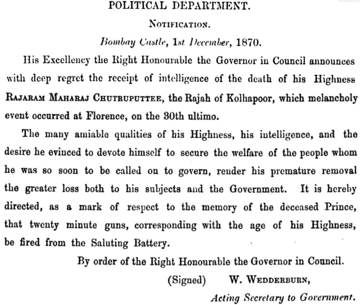 कोल्हापूरचे छत्रपती राजाराम महाराज यांचे ३० नोव्हेंबर १८७० रोजी इटलीतील फ्लॅारेन्स शहरात निधन झाल्यानंतर ब्रिटिश सरकारने केलेला पत्रव्यवहार…