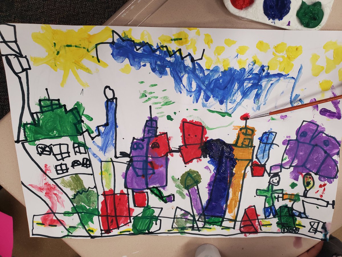 Cre8tiveNolan's tweet photo. I really love watching these amazing kindergarten students paint their cityscapes.  So proud of them! https://t.co/oUJuis5x1T