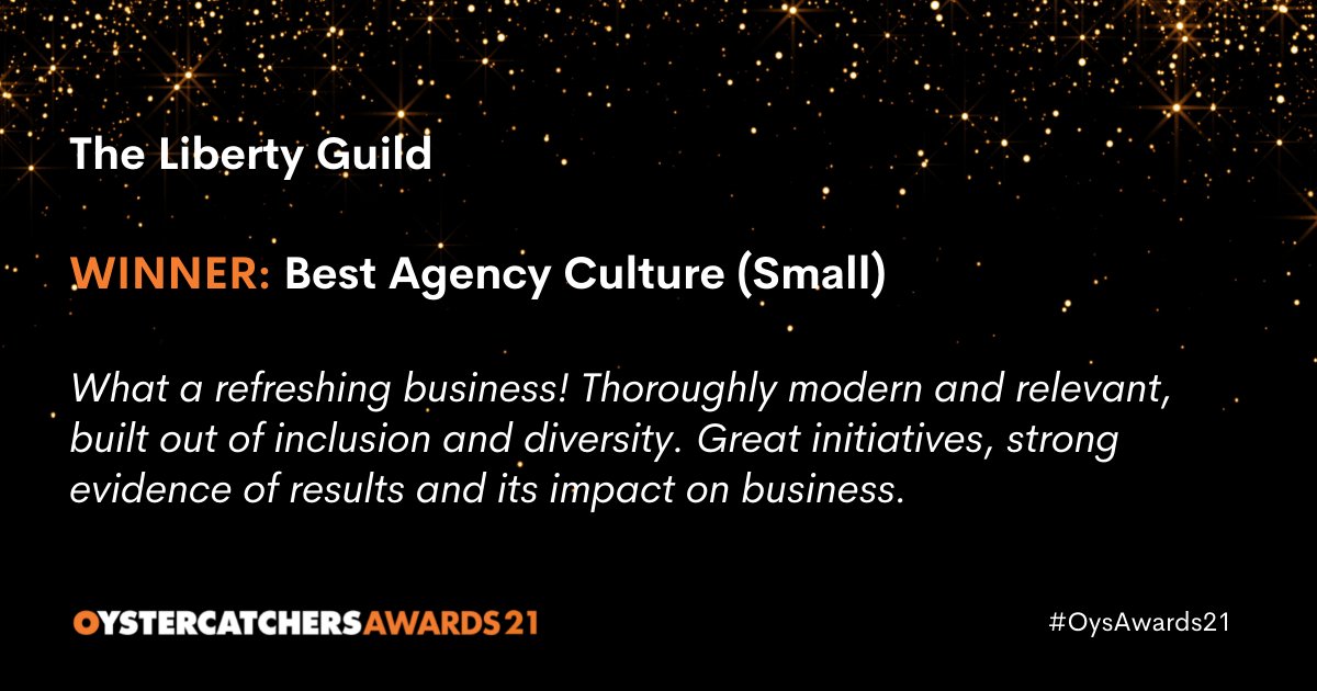 A massive congratulations to the team at <a href="/thelibertyguild/">The Liberty Guild</a> for winning ‘Best Agency Culture’ for the small (100 people or less) agency award. The judges were incredibly impressed #OysAwards21 #culture #agency #worklife #brands bit.ly/3o8eikE