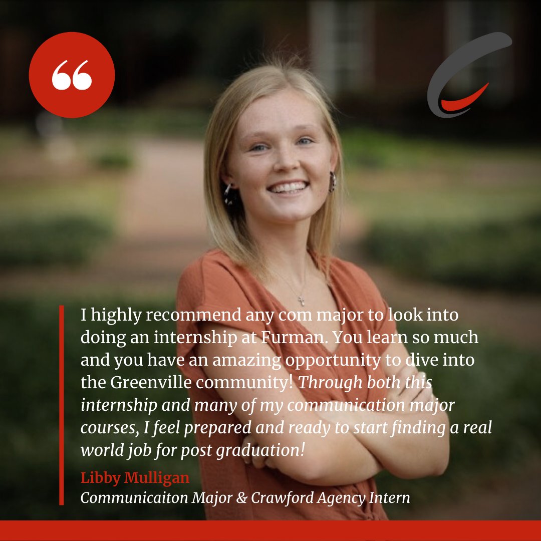 Communication Studies @ Furman (@comfurman1) on Twitter photo Meet Libby Mulligan, one of our <a href="/comfurman1/">Communication Studies @ Furman</a> seniors. She’s interning this semester with Crawford Agency in Greenville to get some professional work on her resume before graduation. Let’s wish her luck with the last few weeks of this semester! Meet Libby Mulligan, one of our <a href="/comfurman1/">Communication Studies @ Furman</a> seniors. She’s interning this semester with Crawford Agency in Greenville to get some professional work on her resume before graduation. Let’s wish her luck with the last few weeks of this semester!