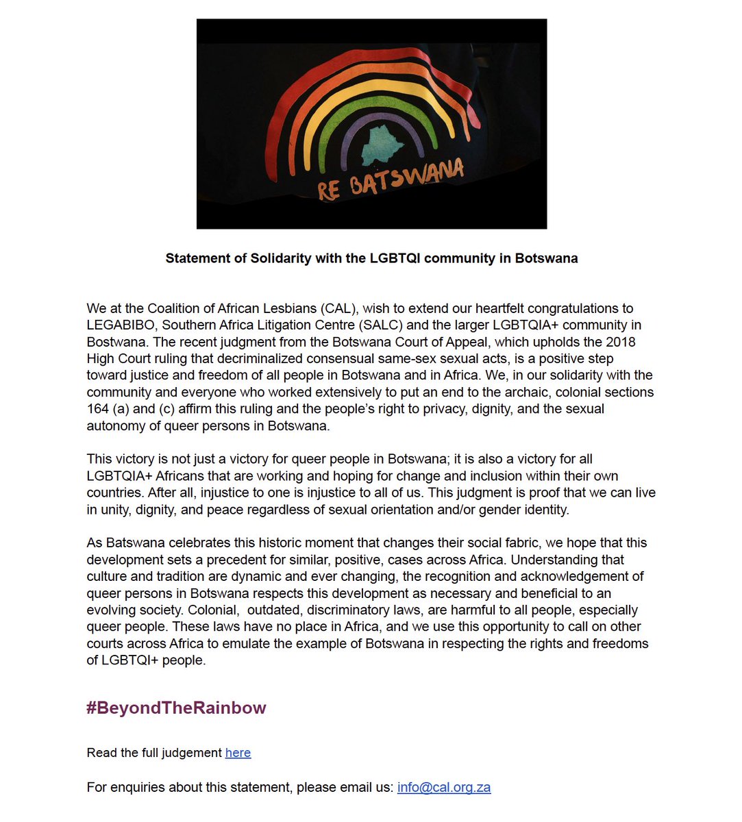 CALAdvocacy's tweet photo. Re fentse!

Read our statement of solidarity with @legabiboadvo @Follow_SALC and the Botswana LGBTQIA+ community following the historic judgement, upholding the 2019 judgement to decriminalise same-sexual relations in Botswana.

https://t.co/kuZyfFDdNy https://t.co/TuIWQKG2lQ