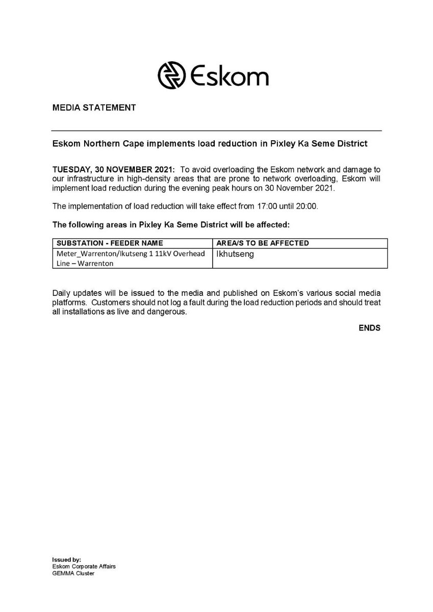 Eskom_SA's tweet photo. Eskom Load Reduction Notice

Date: 30 November 2021

#EskomNorthernCape #EskomNorthWest 

Please see below the provincial statements for details and areas that will be affected today during the hours of 17:00 until 22:00 (times may differ per province) https://t.co/Gt6AEA6iK9