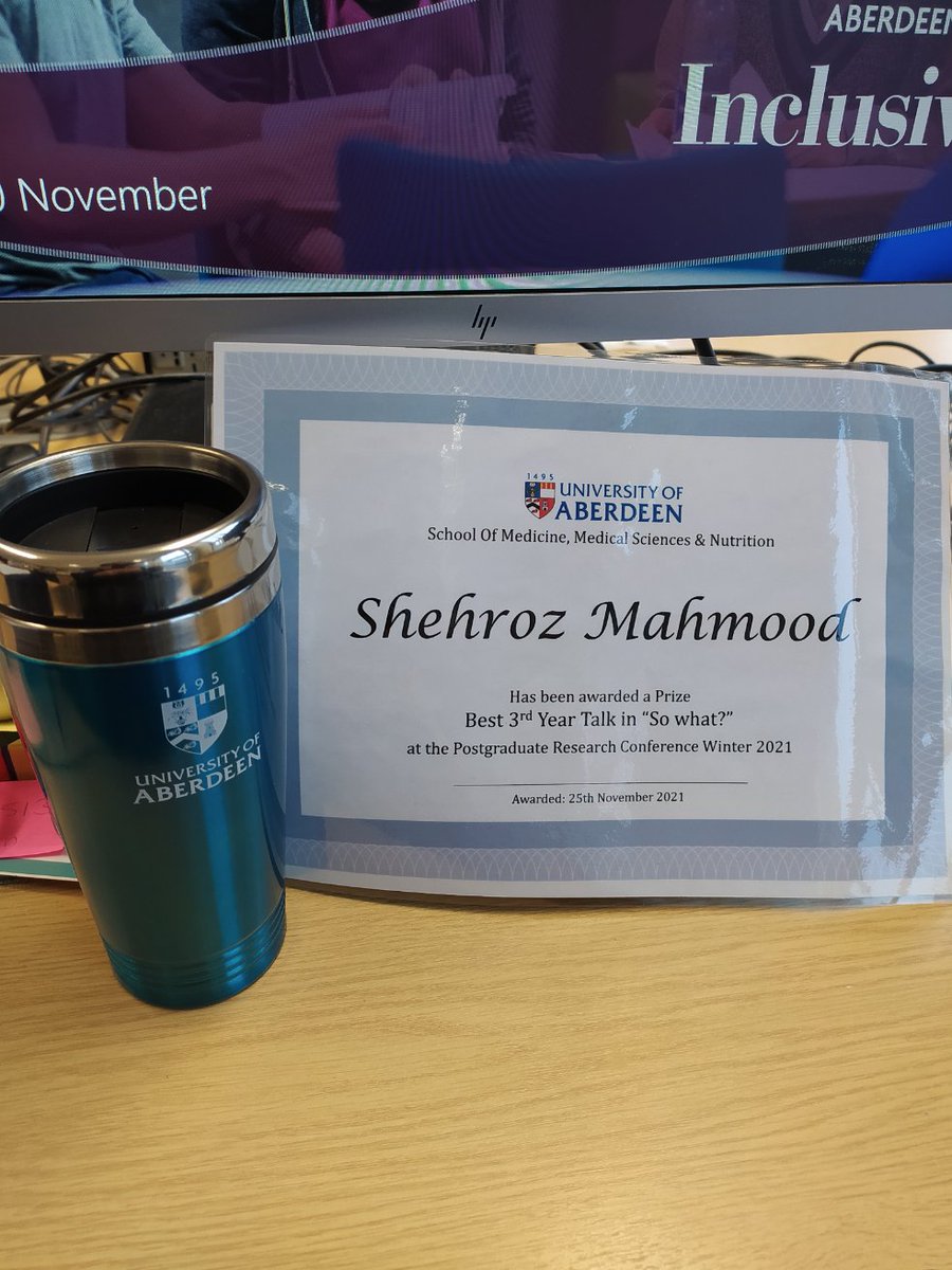 ShehrozM_'s tweet photo. So glad to have won a prize for best 3rd year talk at our schools PGR Winter conference last week presenting impacts of my PhD with @AberdeenCDC 😃#PGR_resilience2021 https://t.co/9ObwH3Ihi2