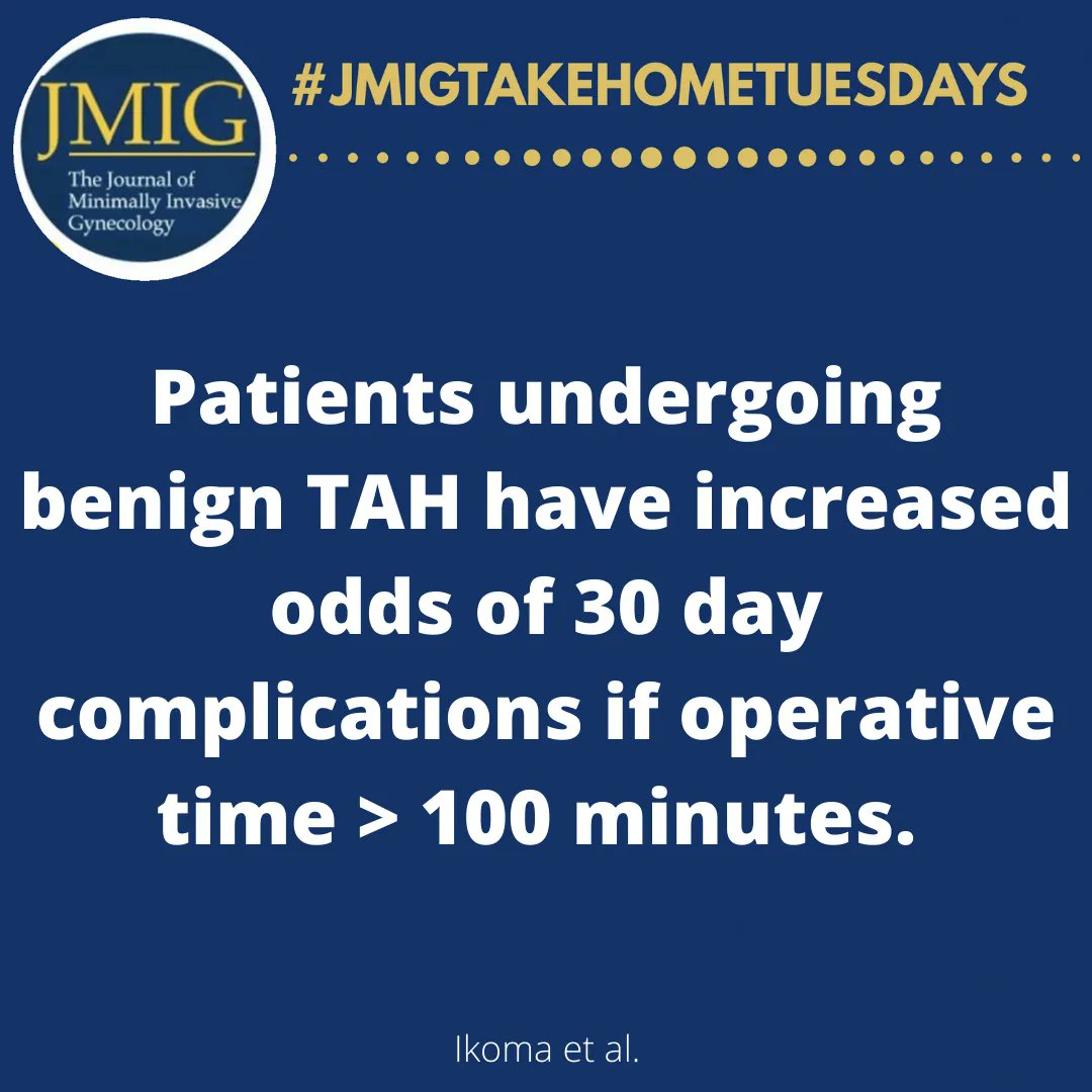 Benign Hysterectomy Operative Times and 30-day Complications: A Cohort Study Danielle Ikoma, MD, Michelle Ikoma, MPH, Colette Gnade, MD, Michael Haugsdal, MD Published 11/19/21 DOI: buff.ly/3Fyz4Qe #JMIG #TakeHomeTuesday