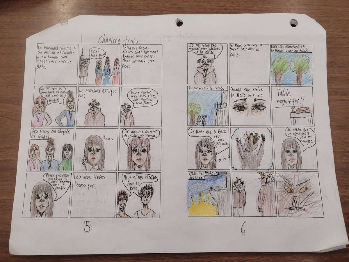 themdcteacher's tweet photo. Nous avons complété nos bandes dessinées. Quels beaux résumés créatifs. // A creative culminating activity: retelling "La Belle et la Bête" as a comic book.

#teachertwitter #assessmentoflearning #classnovel @merivalehs https://t.co/3fk9vpnLqu