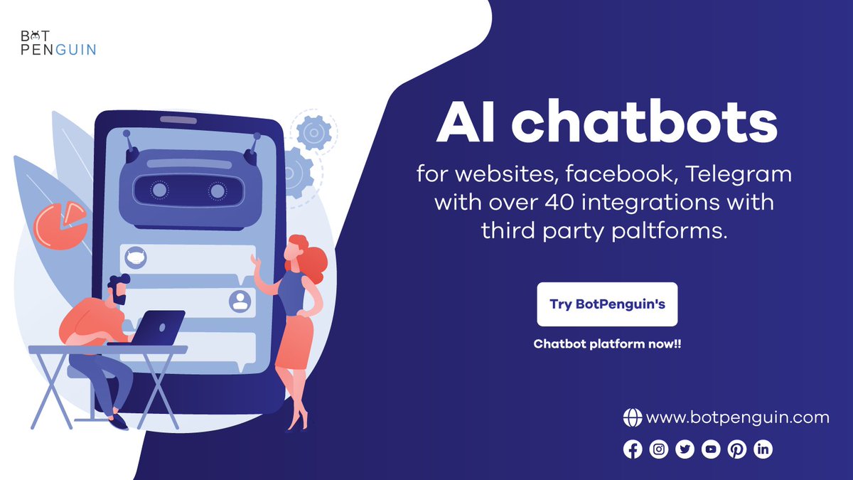 imbotpenguin's tweet photo. AI chatbots for websites, Facebook, Telegram with over 40 integrations with third party platforms.
Try BotPenguin's chatbot 🤖 platform now!!
https://t.co/zKKUxsBkXy
#chatbot #AIChatbots #BotPenguin #BestChatbot https://t.co/nvEbzu7vbA