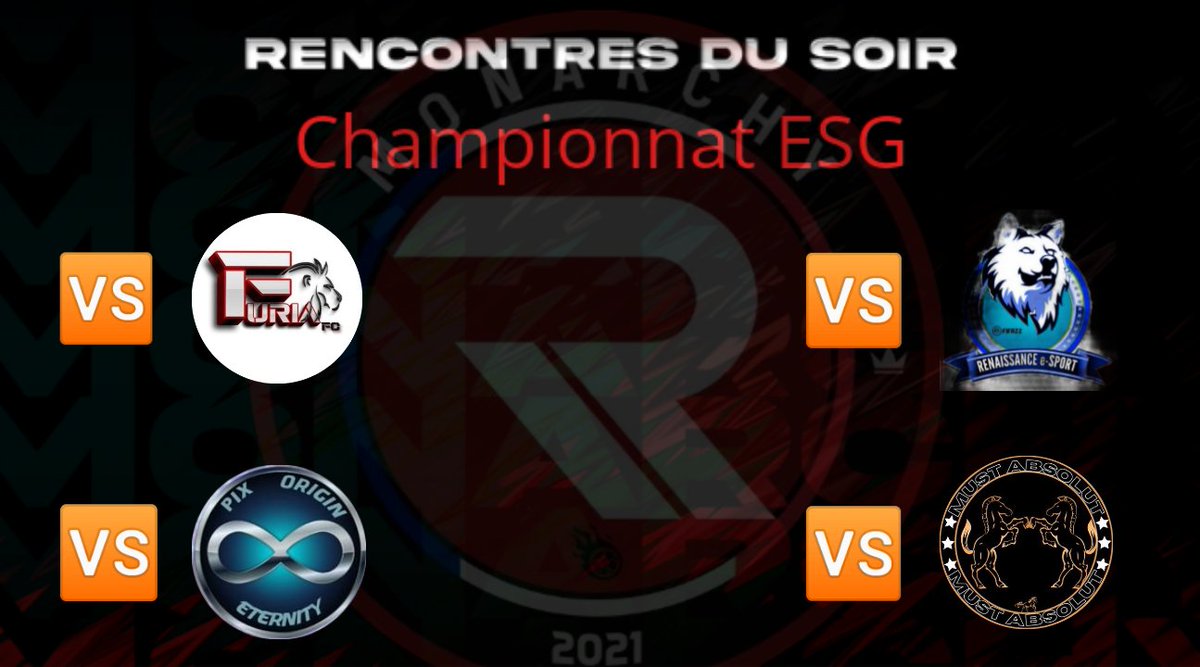 ⚫🔴 Programme de la soirée Amicaux + Championnat <a href="/gaming_esport/">ESPORT GAMING</a> 🏆 :

21h00 🆚 @FuriaxFootball ( Amical )
21h20 🆚 <a href="/OriginEternitY/">Origin EternitY</a> ( Amical )
22h00 🆚 @anthony97582059 ( ESG )
22h30 🆚 <a href="/MustangSeries/">Must_Absolut</a> ( ESG)

Bon matchs aux adversaires , Let'S go #Monarchy 🔴⚫