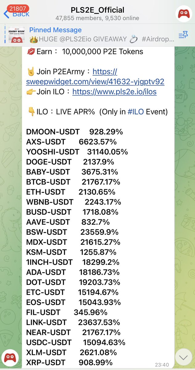 🟢#ILO ：In Progress
🔴End Time： 1st Dec. 21:00 UTC+8 

🤖#P2E/USDT 🟢 Launch Directly
🤖#BSC: #0x7f9C20c4C09c32478AE10A7543E5199C2F53691d

🦄Safe：#Certik #Audit
🤖Do：STAKE LP For  #48Hrs 
💋Earn：10,000,000 P2E

👇Living #APR &amp; Join TG ： t.me/p2e_official

#PLS2E #ILO