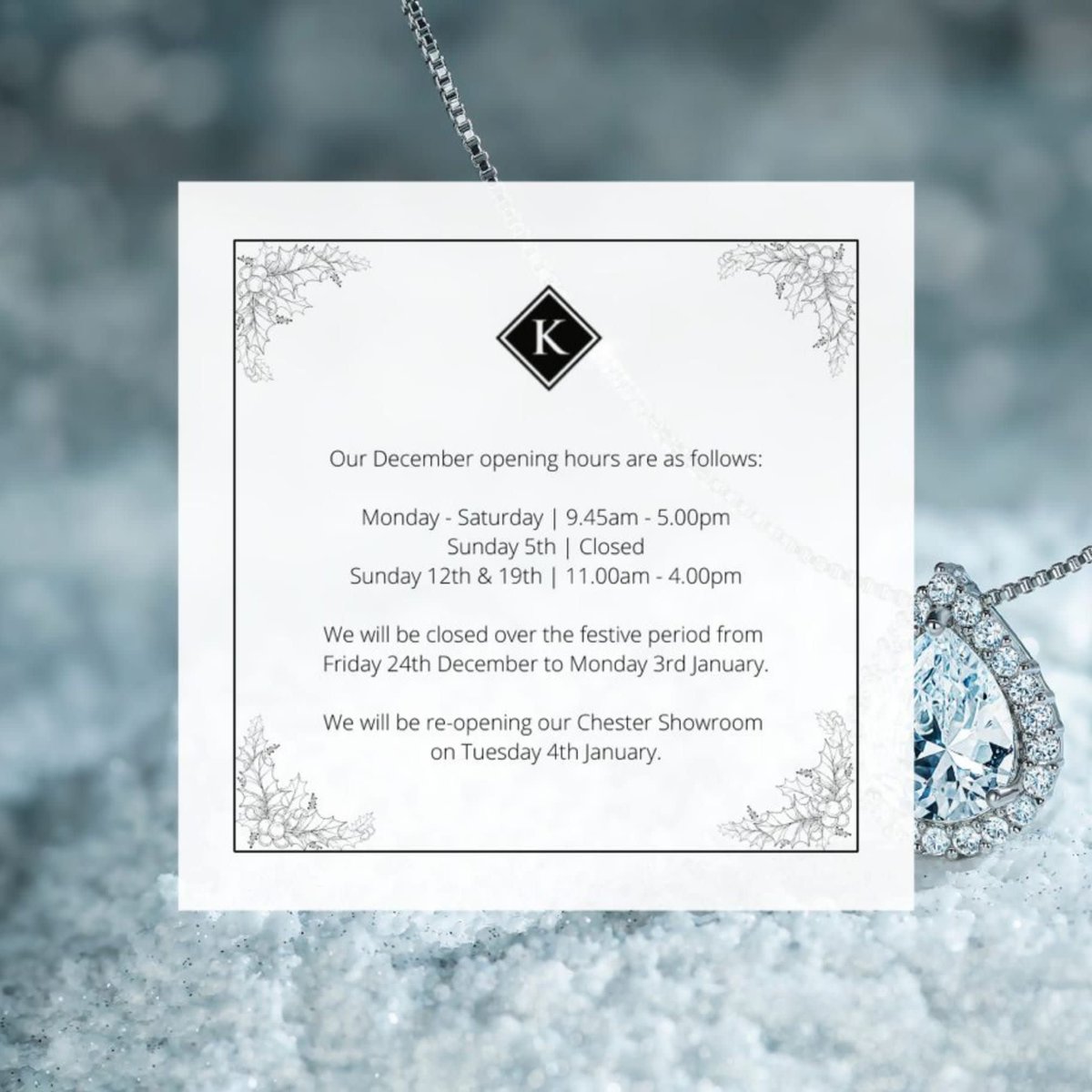 KayesJewellers's tweet photo. December is almost upon us, how time flies! Our Christmas decorations are up in our Chester Showroom and we are ready for the festive period ahead. Why not pop in store for a glass of fizz and engage with Kayes this Christmas. Please take note of our December opening hours 🎄💎 https://t.co/aBOCbTzbLJ