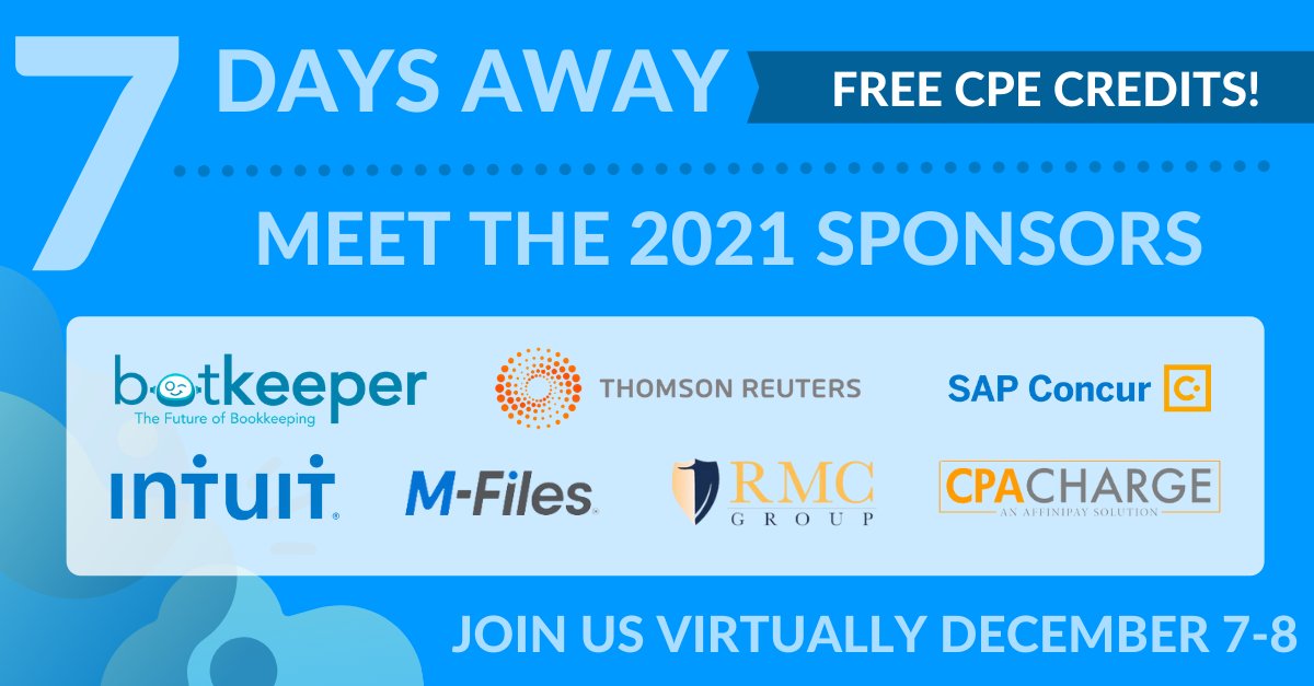 [7 Days Away] Welcome our 2021 Sponsors! 

<a href="/b0tkeeper/">Botkeeper</a> 
<a href="/ThomsonReuters/">Thomson Reuters</a>
<a href="/SAPConcur/">SAP Concur</a> 
<a href="/Intuit/">Intuit</a>
<a href="/MFilesSuomi/">M-Files Suomi</a> 
RMC Group
<a href="/CPACharge/">CPACharge</a> 

There is still time to book your free pass - Just a reminder that passes will run out soon! So, secure your pass today! --&gt; bit.ly/3xTR2bI
