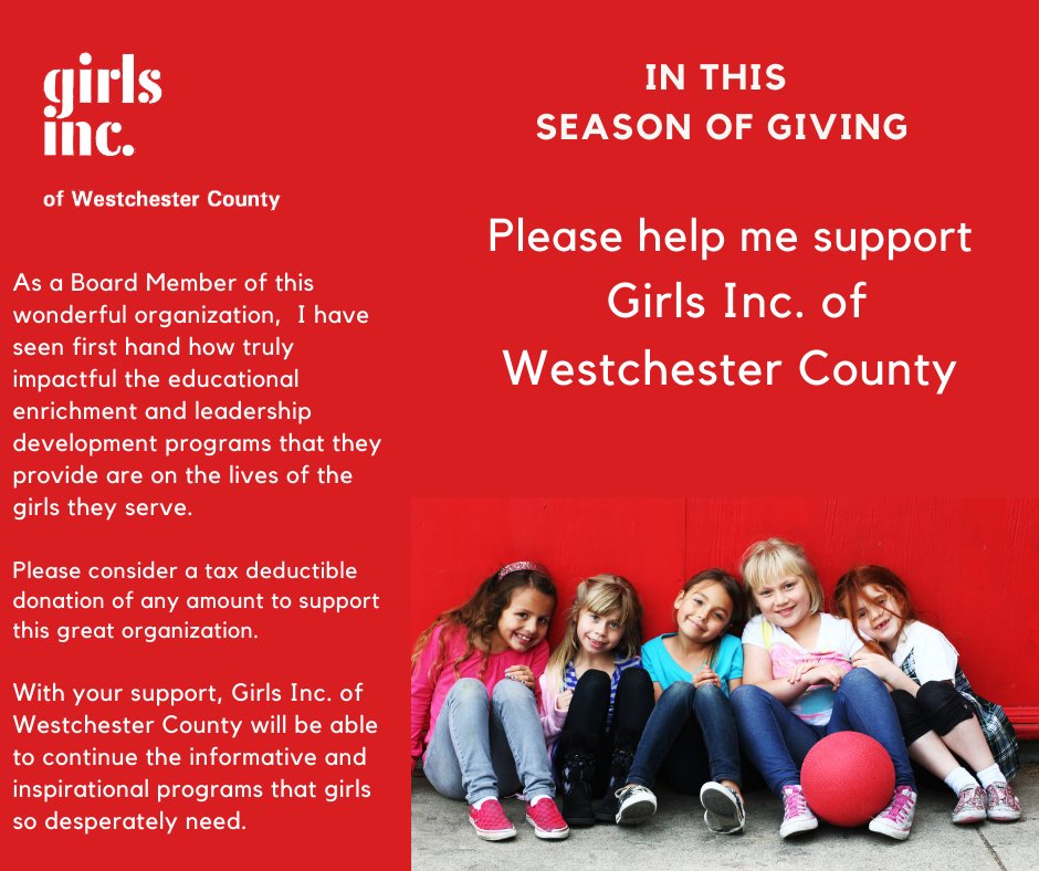 jmbuis's tweet photo. So proud of the work Girls Inc. Westchester County does  to inspire all girls to be strong, smart and bold and empower them to grow into healthy, educated and independent adults.  Help us help them.  Any size donation makes a difference.  https://t.co/80jiIfZFiv   #GivingTuesday https://t.co/wZU6xSFxyX