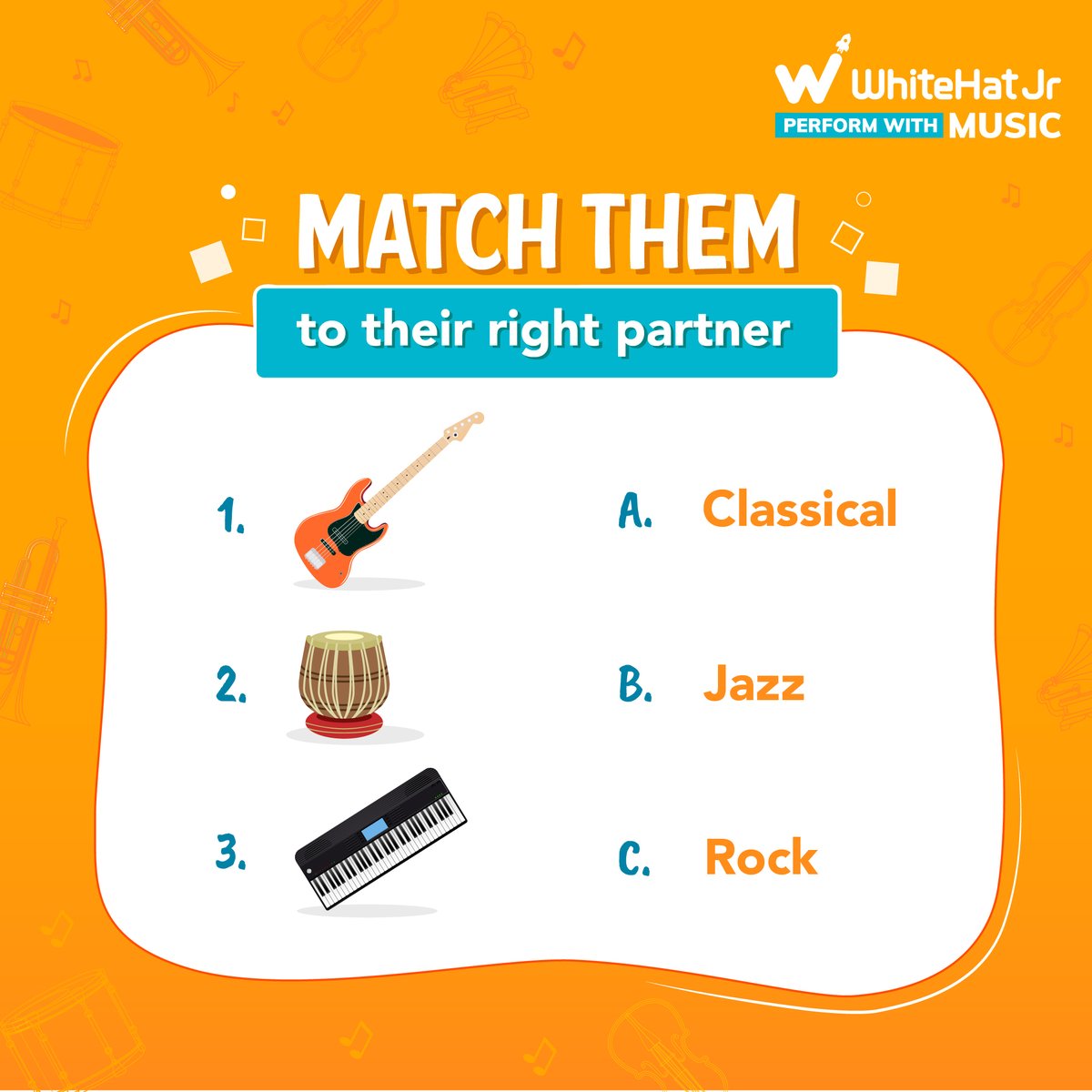 whitehatjunior's tweet photo. Match them with the correct option and share your answers in the comments below! Play rock, jazz and many other music genres on Guitar and Piano with #PerformWithMusic
#WhiteHatJr #WhiteHatJrMusic #MatchThePair https://t.co/7o1Zg1yaGm