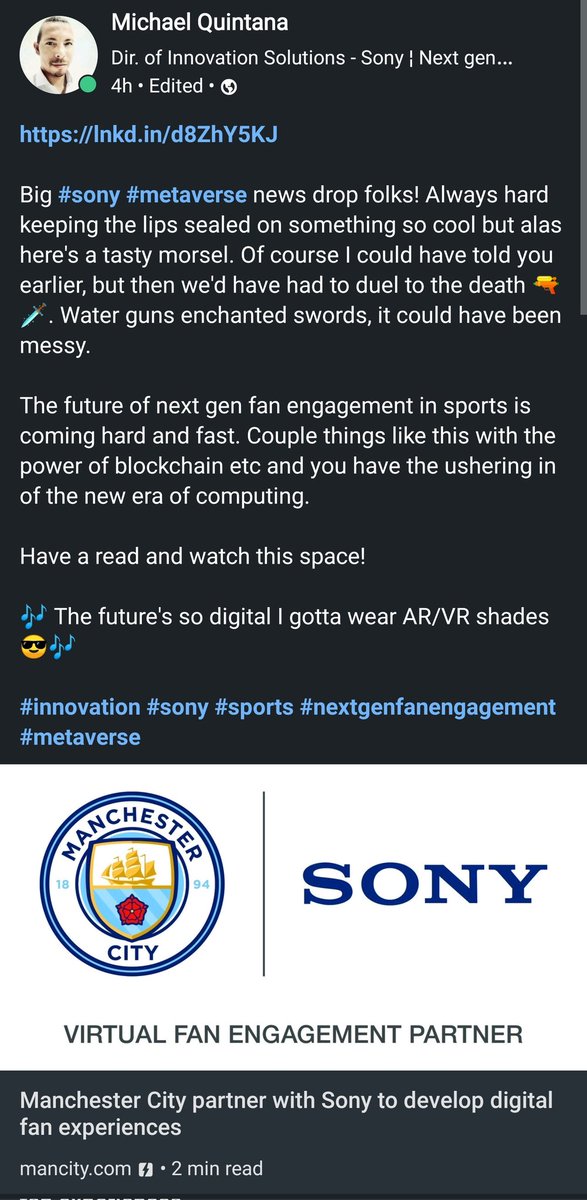 Well here you have it. The future and I'm proud to have a hand in it 🙌🏽. It's immersive, it's interactive, it's metaversey. #sony #metaverse #innovation

Check out the image for my info drop and see the link for the news drop!

amp.mancity.com/news/club/manc…