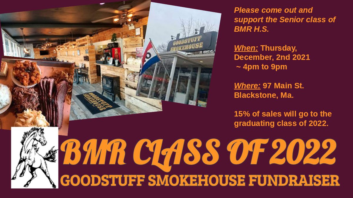 Join us this Thursday at Goodstuff Smokehouse!! 
🎓🥳🧑‍🎓GO BMR SENIORS💛💜🖤 4-9pm