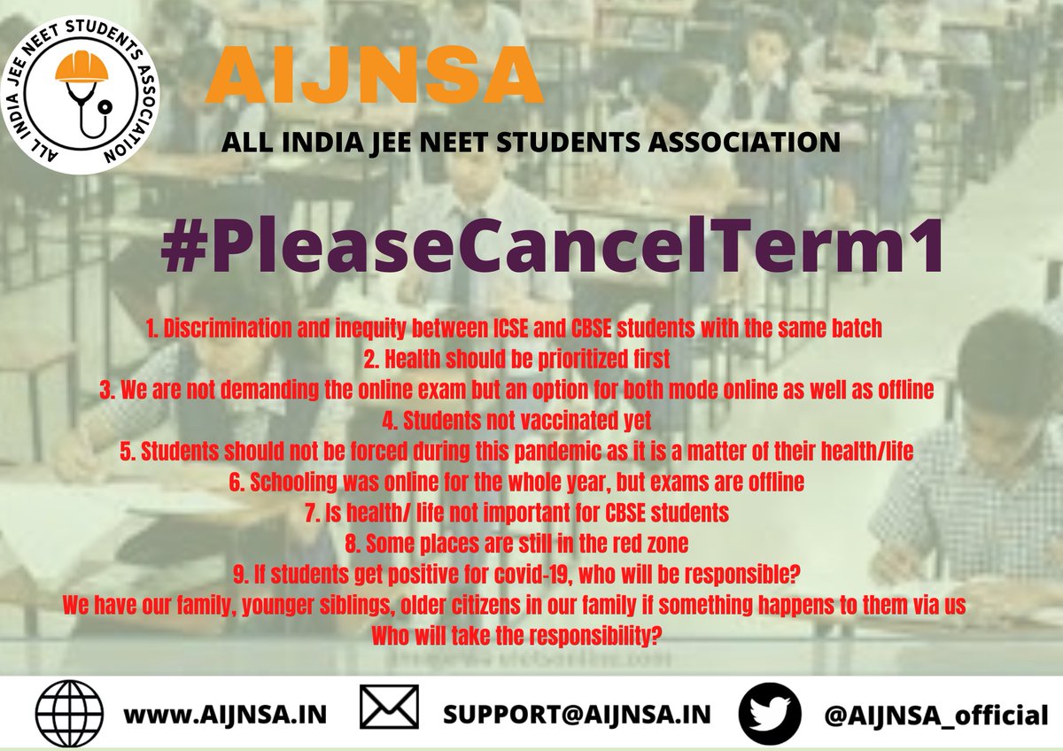 AIJNSA_official's tweet photo. how does calling students for offline exams twice a year during a pandemic make sense when we're supposed to stay indoors as much as possible
#PleaseCancelTerm1
@cbseindia29 @PMOIndia @EduMinOfIndia https://t.co/VVBvfcsARG