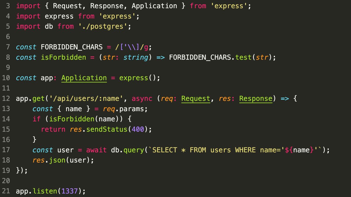 SonarSource's tweet image. Can you spot the vulnerability? #codeadvent2021 #typescript #express

Validating user input is good, but it can be insufficient. Can you bypass the check to perform a SQL Injection?
