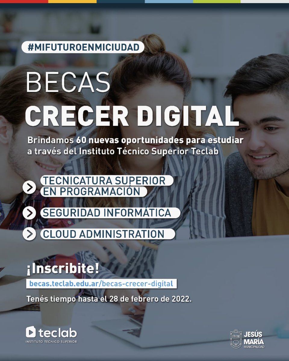 Canal2JMaria's tweet photo. #MiFuturoEnMiCiudad

#JesúsMaría La Municipalidad suma dos carreras más para acceder a las “Becas Crecer Digital”.

👉 Toda la info, en el siguiente link: https://t.co/FLyfm39pF7 https://t.co/jbRQloVEgp