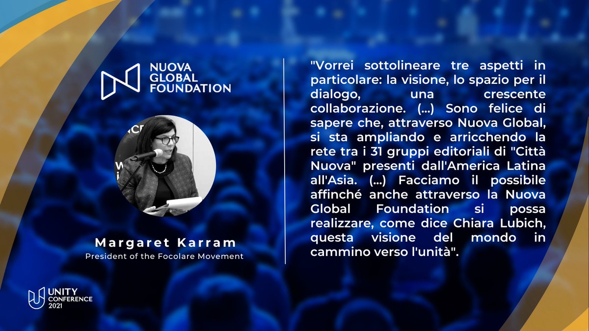 Focolare_org's tweet photo. Oggi, in occasione del lancio di #NuovaGlobal, la piattaforma internazionale dei gruppi editoriali Città Nuova, la presidente dei #Focolari, Margaret #Karram è intervenuta https://t.co/XEugcxQQAC