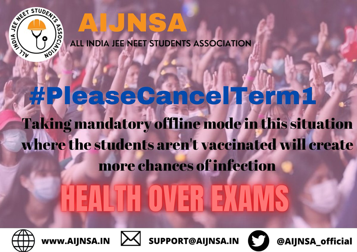 AIJNSA_official's tweet photo. With this new deadly variant of COVID-19 which is capable of mass destruction is it really necessary to continue the exams? 
students are getting positive everyday all over India are these exams really worth risking the future of our country?
#PleaseCancelTerm1
@cbseindia29 https://t.co/T2W4SLd3CI
