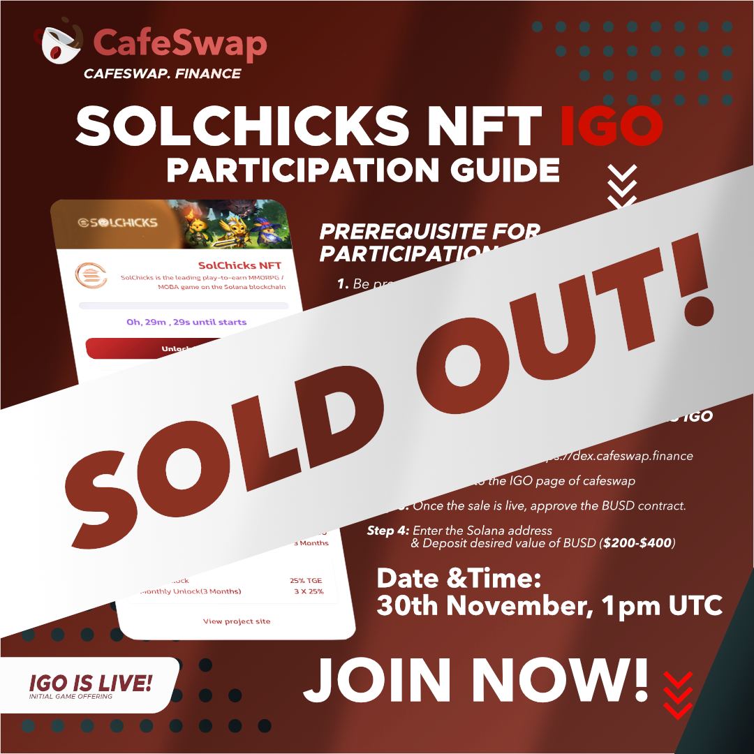 😍 #Solchicks IGO has been successfully sold out in just 2  minutes..!

Thanks to Community for making it a  big success. 
CafeSwap has now successfully supported <a href="/SolchicksNFT/">SolChicks</a>

NOTE : $CHICKS token distribution will be done on 6th December following the Vesting Schedule