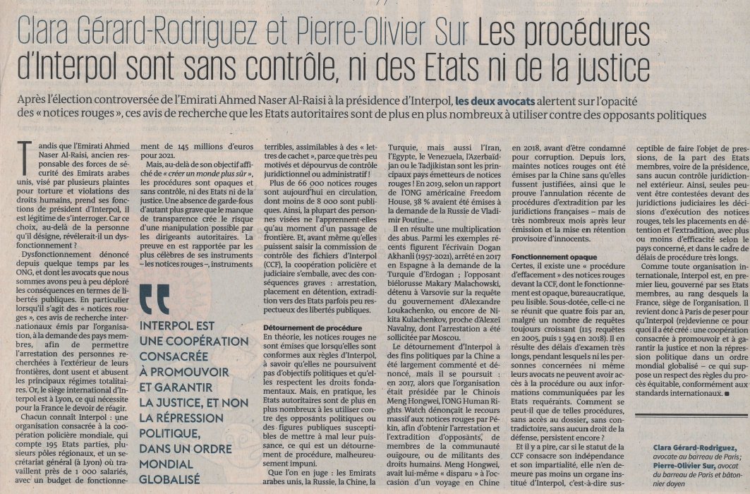 ClaraGrrz's tweet photo. La version papier de la tribune, que je co-signe aujourd'hui avec @POSavocat, sur les dérives d'#Interpol, le détournement politique des #NoticesRouges et l'opacité des procédures de contrôle interne. https://t.co/7tWMAuoR2r