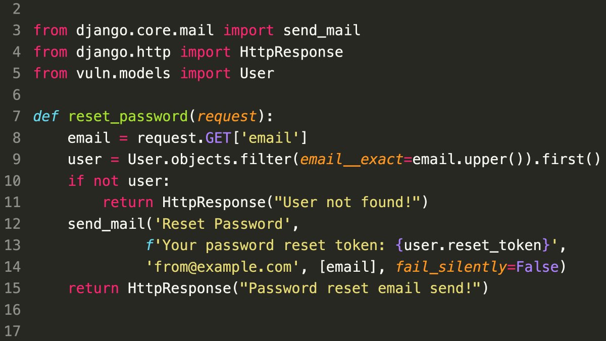 SonarSource's tweet image. Can you spot the vulnerability? #codeadvent2021 #python

Doesn&apos;t look dangerous, does it? Reset another user&apos;s password!