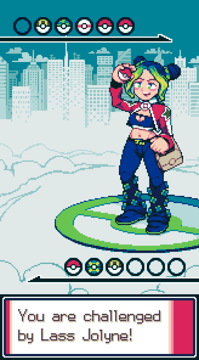 TeaCrimson's tweet photo. An up-and-coming pokemon trainer has appeared in the Unova region!

#pixelart #JJBA  #jjbafanart #StoneOcean #Pokemon https://t.co/0PAWaiKXpX