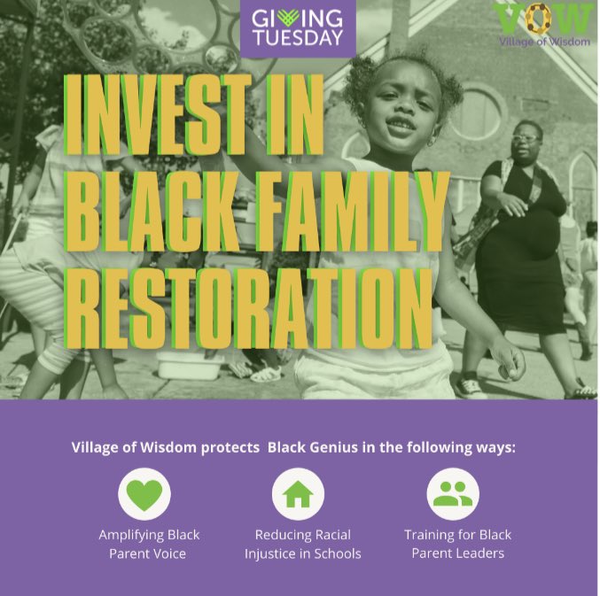 Take the VOW and invest in Black Genius Right NOW! villageofwisdom.org/donate 

This #GivingTuesday we are raising money to manifest the dreams of Village of Wisdom, Inc. and your contribution will make an impact. #TakeTheVOW #GiveBlack #GivingTuesday #BlackGenius