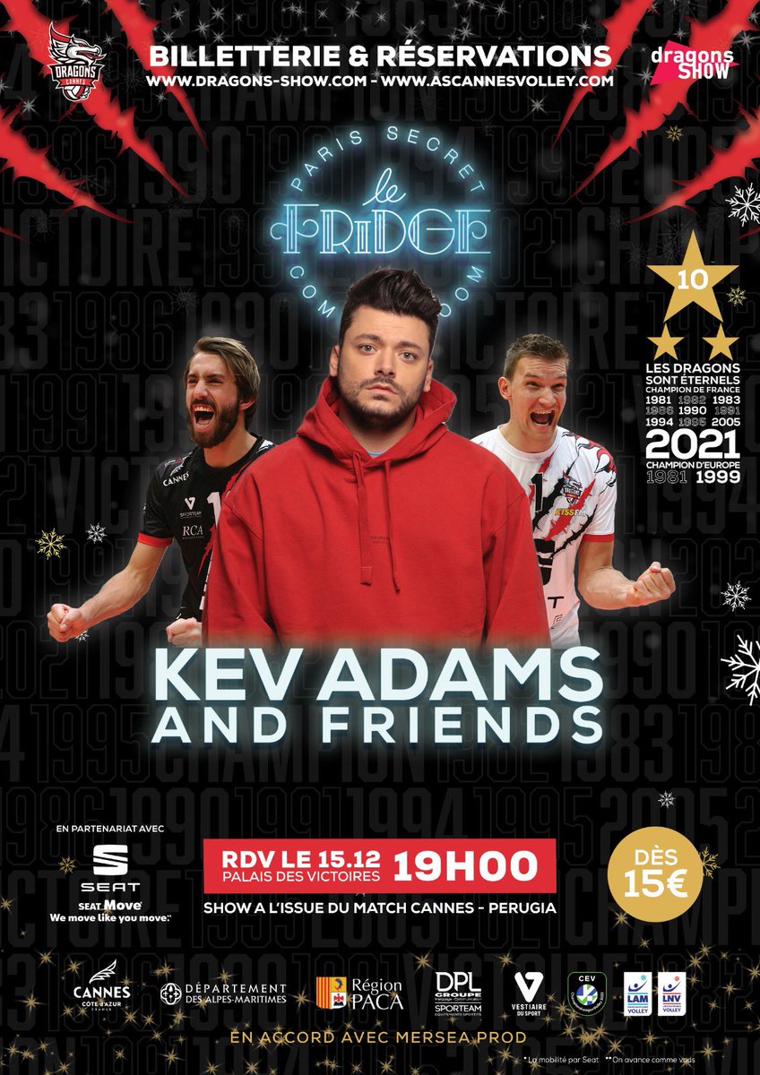 ASCannesVolley's tweet photo. 🎉ÉVÈNEMENT : @kevadamsss et l’équipe du #FridgeComedyClub vous préparent un show incroyable le 15 décembre prochain au Palais des victoires de @villecannes à l’issue du match Cannes-Perugia !
➡️Réservez vite vos places ici : https://t.co/ifq70QL8rt https://t.co/7ZsNHLzO9W