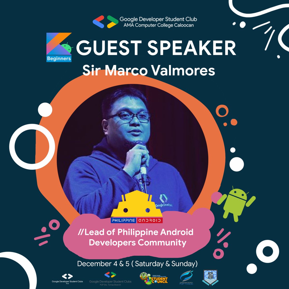 amacccaldsc's tweet photo. Let's welcome Marco Valmores, Professor and Lead of the Philippine Android Developers Community as he will host DSC AMACC Caloocan's Android Kotlin Study Jam!🥳🥳🥳
Let’s get you ready as you register to the link below 👇
https://t.co/LwR557SrFh
https://t.co/LwR557SrFh
💛💚💙❤️ https://t.co/Wf9qotItnj