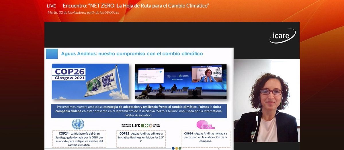 aguas_andinas's tweet photo. Estuvimos presente en @icare_chile “NET ZERO: La Hoja de Ruta para el Cambio Climático” donde nuestra Gerenta General Marta Colet habló acerca del compromiso en la lucha contra el Cambio Climático, para lograr la meta de no aumentar más de 1,5º la temperatura del planeta💧🌎. https://t.co/bvcmo61fGb
