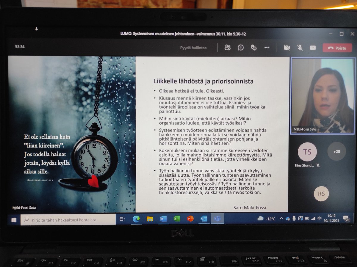 LUMOhanke's tweet photo. Tänään pysähdyimme yhdessä kuuntelemaan @satumakifossi kokemuksia systeemisen muutoksen johtamisesta! Kiitos Satu, kun jaoit oivalluksia ja kokemuksia! #lastensuojelu #SyTy #Lumohanke https://t.co/EwJ10LScOn