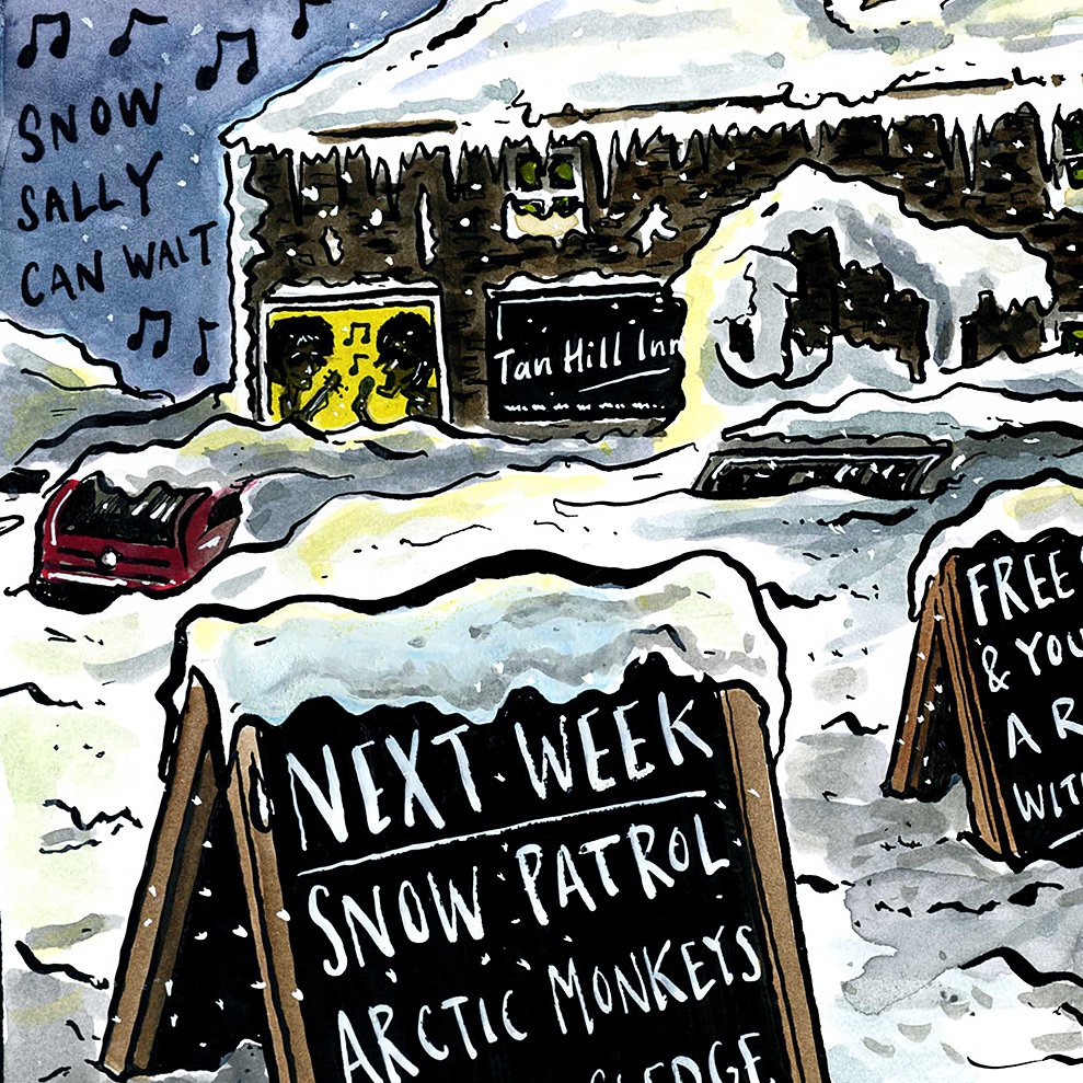 GraemeBandeira's tweet photo. SNOW SALLY CAN WAIT: Loved the Tan Hill Inn story so much I've done a cartoon. Here's a detail and the full version can be seen here: https://t.co/7PcFV1umgT #noasis #snowasis #TanHillInn https://t.co/lNmdMjiH0U
