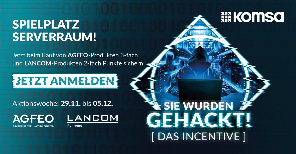 KOMSA_AG's tweet photo. Schützen Sie sich vor #Cyberattacken mit cloud-managed Firewalls von @lancom_systems und Hyper Voice Soft PBX von @AGFEOde!

Diese Woche verdoppeln bzw. verdreifachen wir Ihre Umsätze mit ausgewählten Produkten!

Jetzt anmelden &amp; Prämien verdienen: 
↪️ https://t.co/BzaxnZyRgA https://t.co/yxQ5iOy1ow