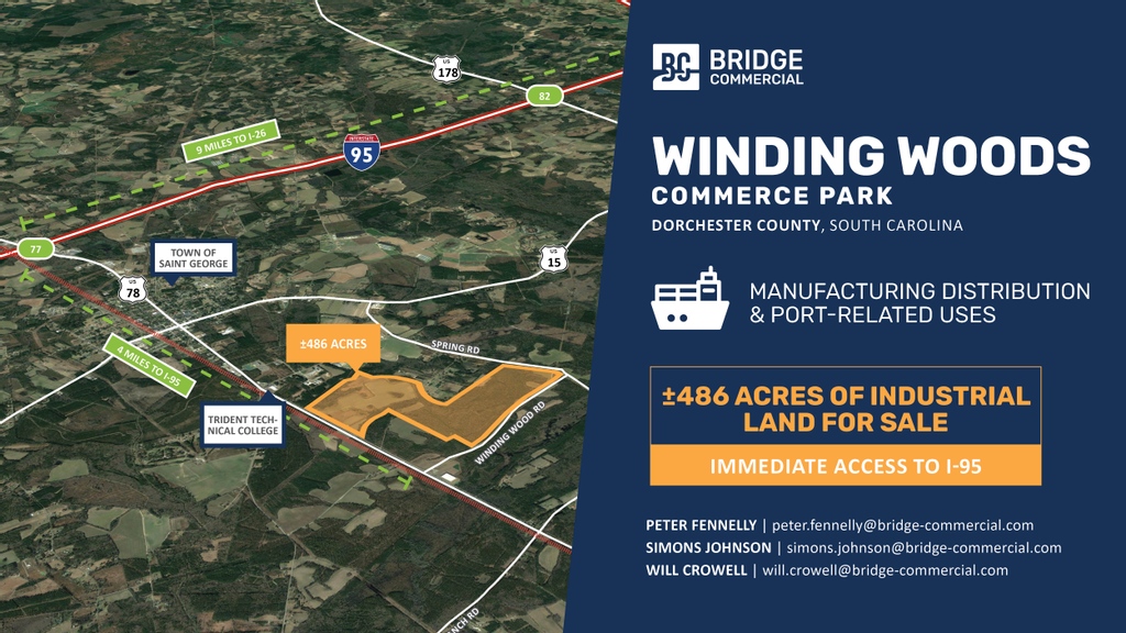 Bridge_CRE's tweet photo. FOR SALE: ±486 acres industrial land at Winding Woods Commerce Park. Uses include port-related and manufacturing distribution.
https://t.co/0IifcExOLT
#bridgecommercial #landavailable #landforsale #dorchestercounty #charlestonsc #southcarolina #commercialrealestate https://t.co/Cyvxl6bPwY