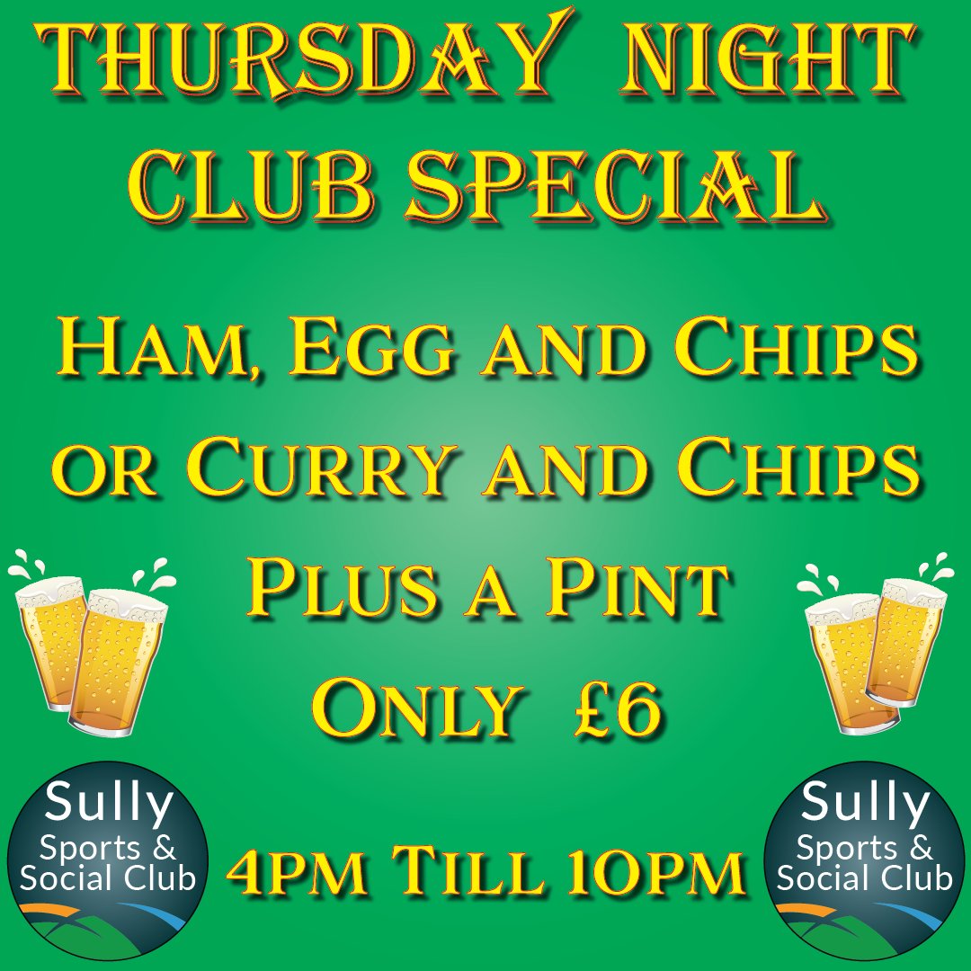 SullyClub's tweet image. THURSDAY NIGHT CLUB SPECIAL (2nd December).

Ham, Egg &amp;amp; Chips or Curry &amp;amp; Chips Plus a Pint Only £6.

4pm &amp;amp; 10pm. 

Non-members very welcome.

Further information, contact Mel - 07846 528 933 or Kelly - 07817 388 313 or email kelly@sullysportsclub.com.

Sully Sports &amp;amp; Social Club