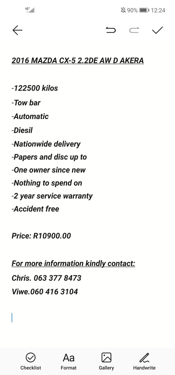 Keletso_M7's tweet photo. 2016 MAZDA CX-5 2.2DE AW D AKERA

Price: R10900.00

-122500 kilos
-Tow bar
-Automatic 
-Diesil
-Nationwide delivery 
-Papers and disc up to 
-One owner since new 
-Nothing to spend on 
-2 year service warranty 
-Accident free 

Contact:
Chris. 063 377 8473
Viwe.060 416 3104 https://t.co/kkj6M6SV0X