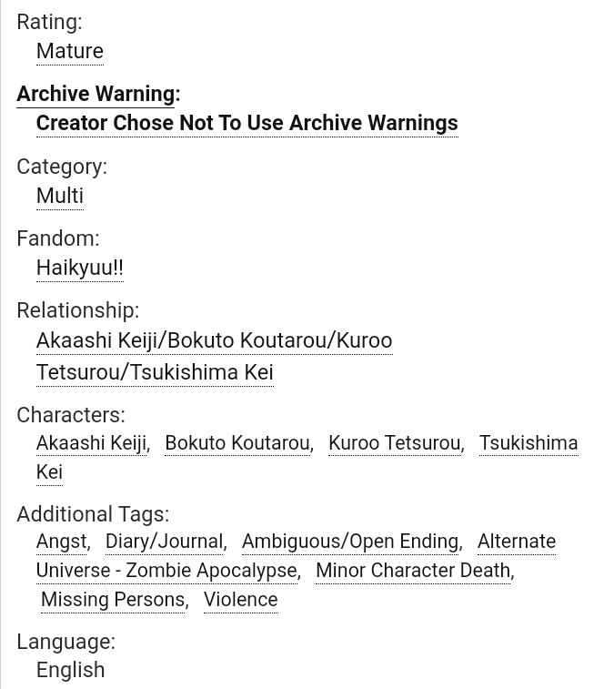 Here's one of my works for <a href="/apocalypsezine/">HQ Apocalypse Zine</a> featuring angsty BAKT set in a zombie apocalypse! Leftover sales are ongoing so head here if you want to check out the zine: apocalypsezine.bigcartel.com

Link to my work: archiveofourown.org/works/35325097