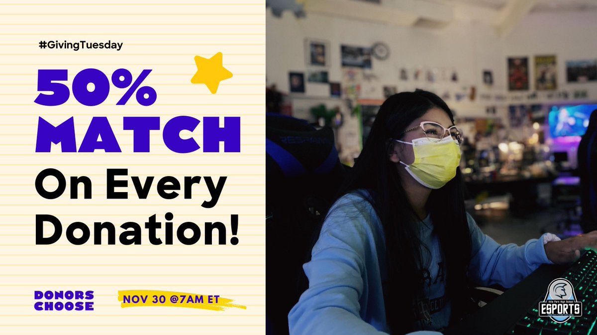 It’s #GivingTuesday Donations to my scholastic #esports classroom are currently being matched!  Any help is greatly appreciated!
donorschoo.se/e/M95VyXhIBlb