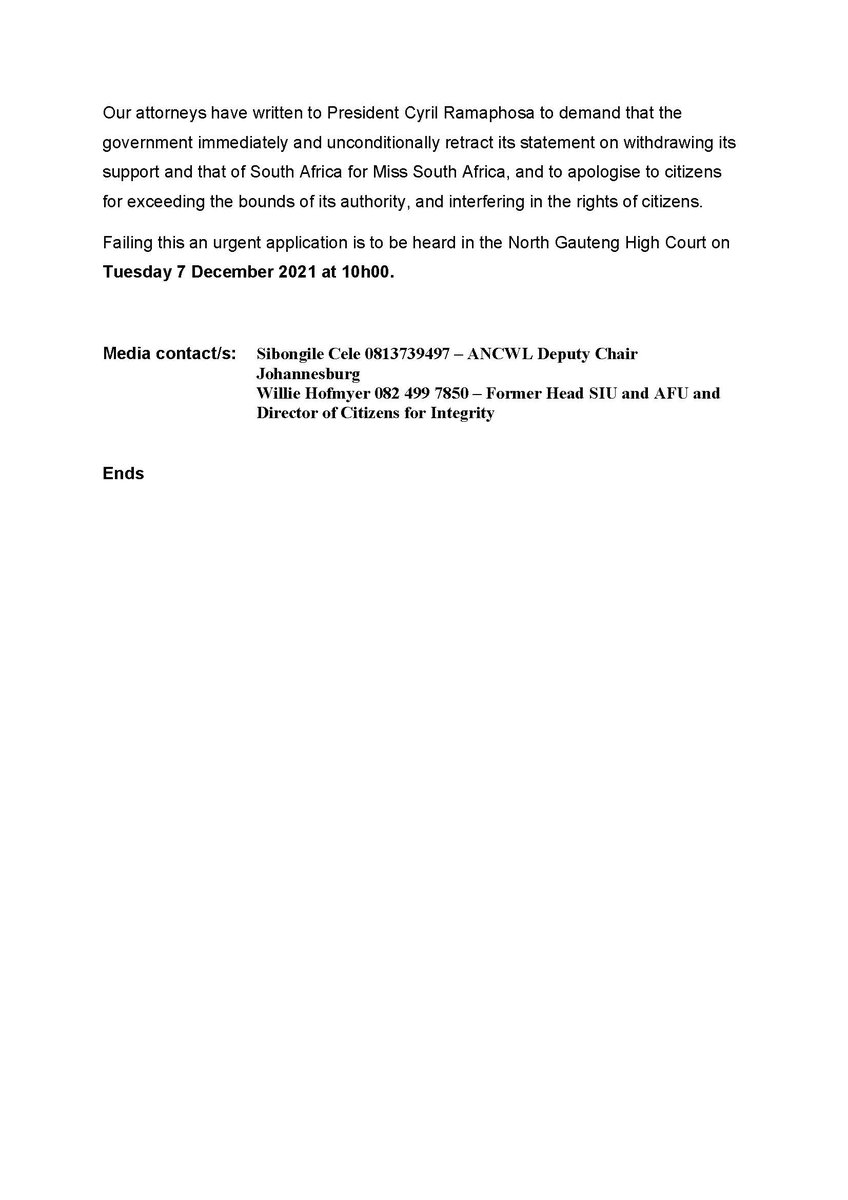 Citizens For Integrity versus The Government of South Africa
Unconstitutional and irrational government decision on Miss SA erodes citizen’s rights – Citizens for Integrity