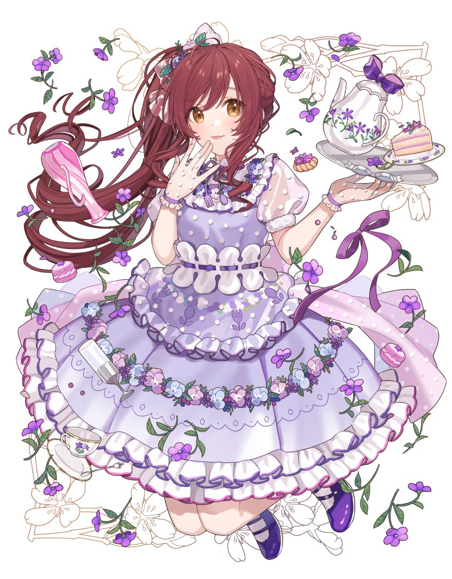 osaki tenka 1girl solo food dress flower teapot long hair  illustration images