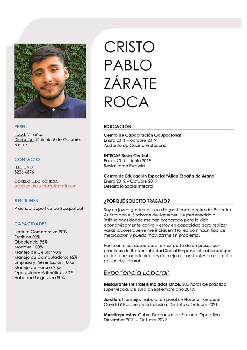 fiaheisenberg's tweet photo. Es una maravilla que un joven dentro del espectro autista (con Asperger) esté desarrollándose y busque salir adelante en un país como el nuestro, ayudémosle a conseguir un trabajo. RT ¡por favor! https://t.co/XYVYDS0gB7