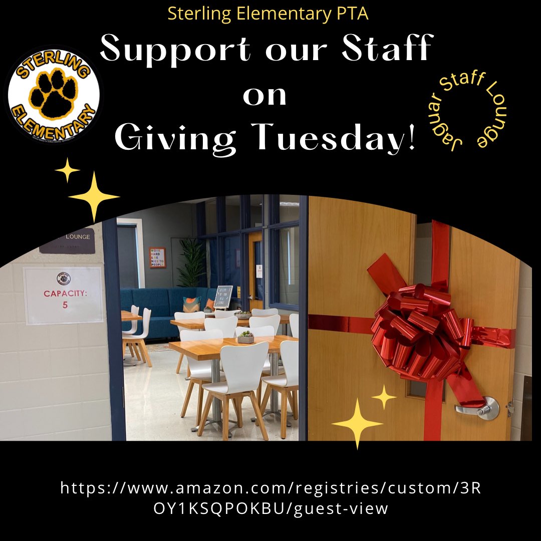 TriPoetry's tweet photo. If you are looking for a way to support your local community on Giving Tuesday please consider the Sterling Elementary Staff!

We have an ongoing Amazon wishlist with items needed to keep the staff lounge stocked.  
https://t.co/zEccMOh5av
Thank you for your continued support! https://t.co/QoTj04jqRK