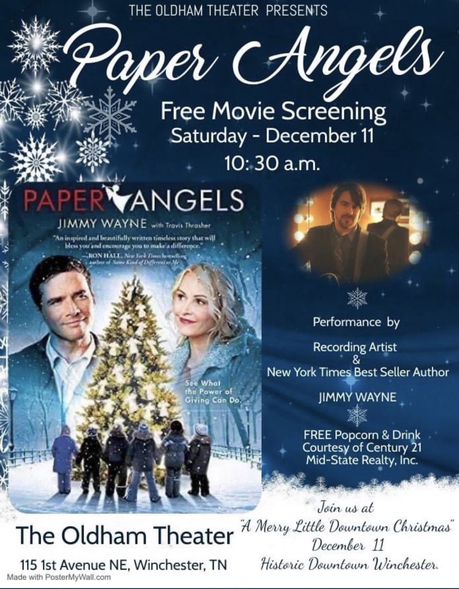 JimmyWayne's tweet photo. WHAT: Screening of #PaperAngels 

WHERE: The Oldham Theater 115 1st Ave NE, Winchester, TN 37398

WHEN: Saturday Dec. 11, 2021 at 10:30 AM

COST: Free movie, free popcorn, free drink, and free entertainment! 

Special thanks to CENTURY 21 Mid-State Realty, LLC for popcorn/drink! https://t.co/2njvVWertH