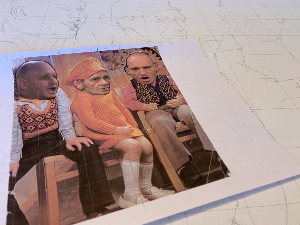 De collage die ik ga schilderen. Foto uit 70er jaren zelf-naai-boek met koppen van zingende football hooligans uit deze video: youtu.be/m40J6tA5sT0