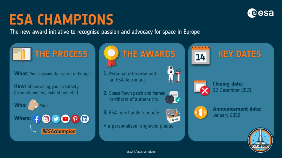 esa's tweet photo. If you’re an artist who paints or draws space-themed pieces, a writer who publishes short stories about space or a vlogger who posts videos, then we want to reward your outstanding contributions to communicating about #space 👉 https://t.co/Mg4ZTIJty1 #ESAchampion https://t.co/sYyjiJhD0g