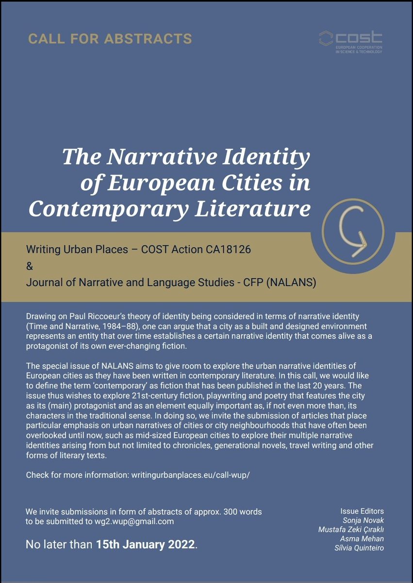 nalansjournal's tweet photo. CFP: Call for contributions for a special issue of Jornal of Narrative and Language Studies

The Narrative Identity of European Cities in Contemporary Literature
https://t.co/Ej0xF1u8zF https://t.co/OhqNC7Kr5e